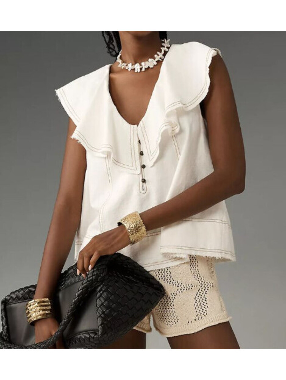 Pilcro Anthropologie Women's Ruffle-neck Linen Swing Blouse Top Size XL